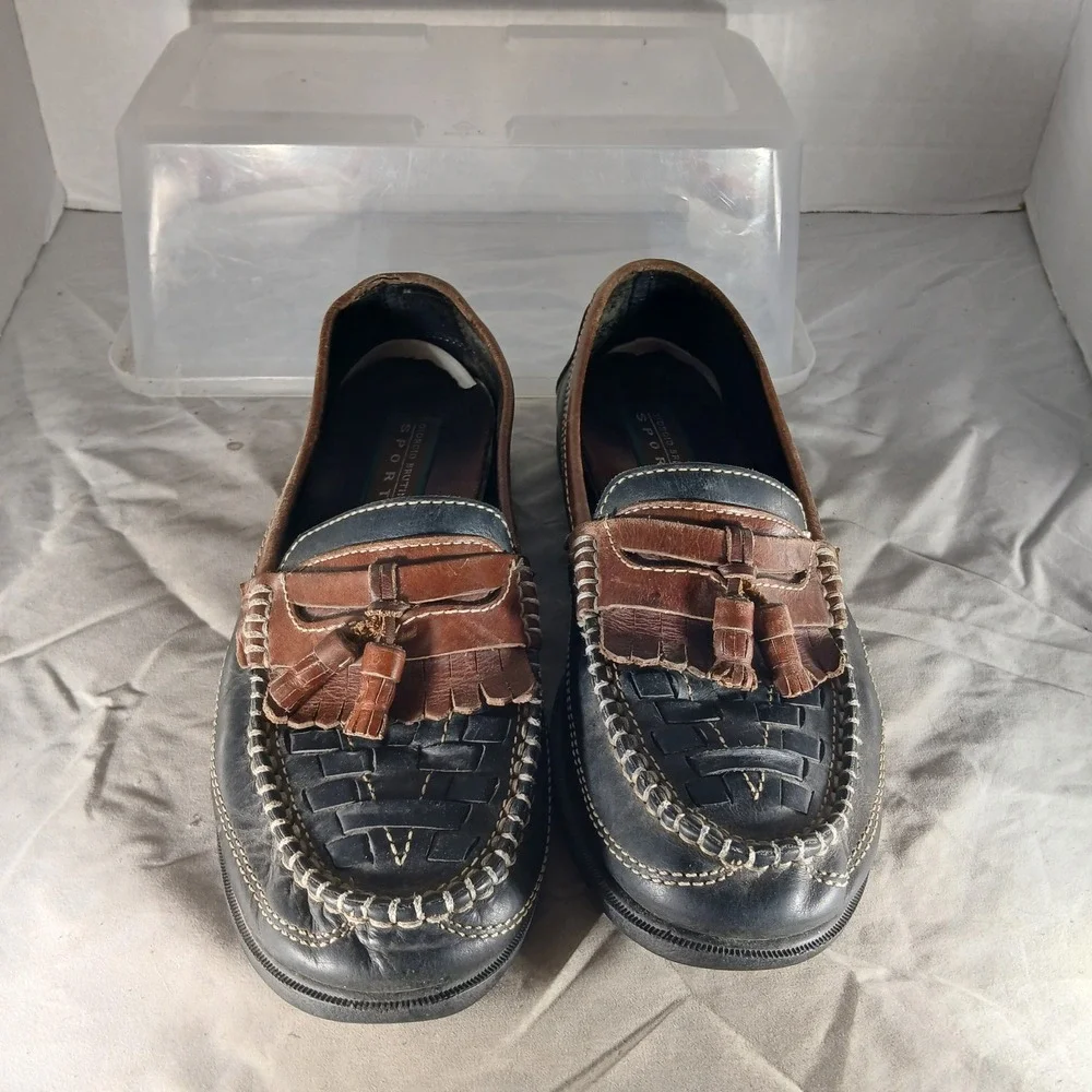 Giorgio Brutini Sport Loafers 10M Black Brown Kiltie Tassel Woven Leather Preppy - Picture 3 of 10